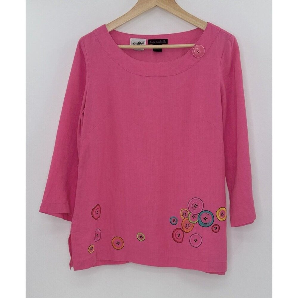 Sara Isabella Bright Pink 100% Irish Linen Embroidered Buttons Tunic Blouse 10‎